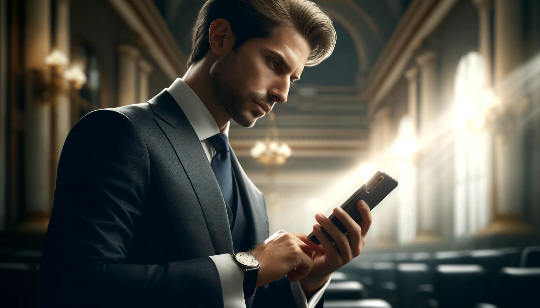 well-dressed politician using on a smartphone number tracking app